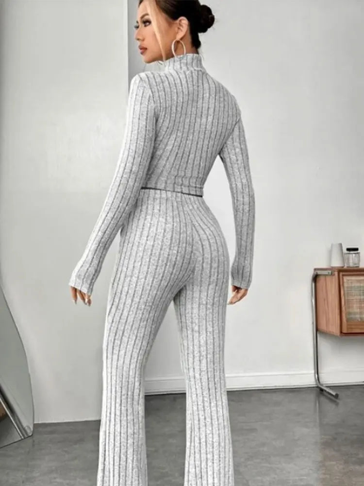 Crop top and trumpet pants set fabric texture closeup