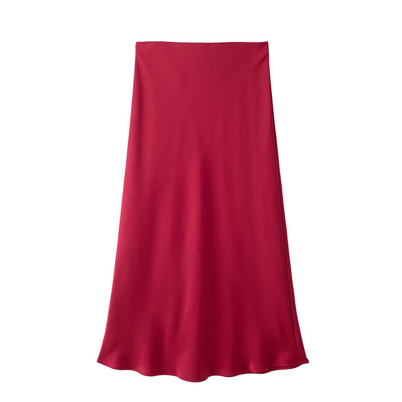 High waist satin midi skirt worn styled outfit red