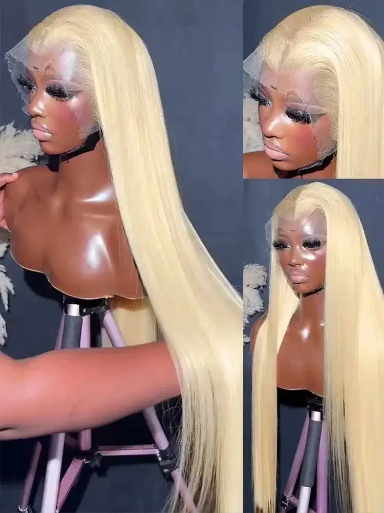 Honey blonde bone straight wig worn on model