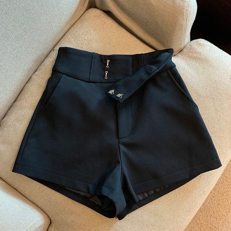 High waisted casual shorts black flat lay wide view