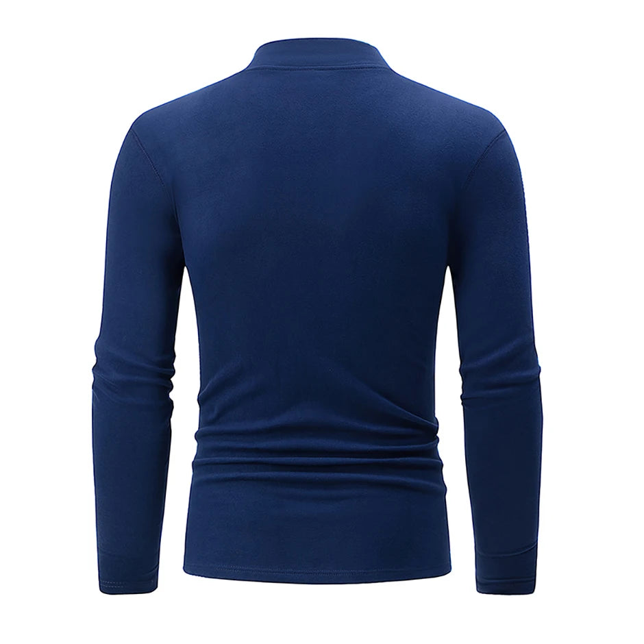 Men's semi-turtleneck long sleeve top worn under jacket