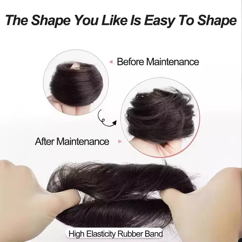 Synthetic hair bun extension worn on model