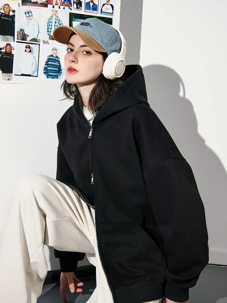 Double zip hooded jacket worn styled outfit black