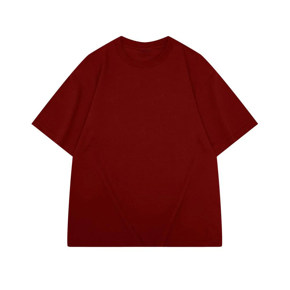 Men's heavyweight oversized drop shoulder tee worn casual outfit wine