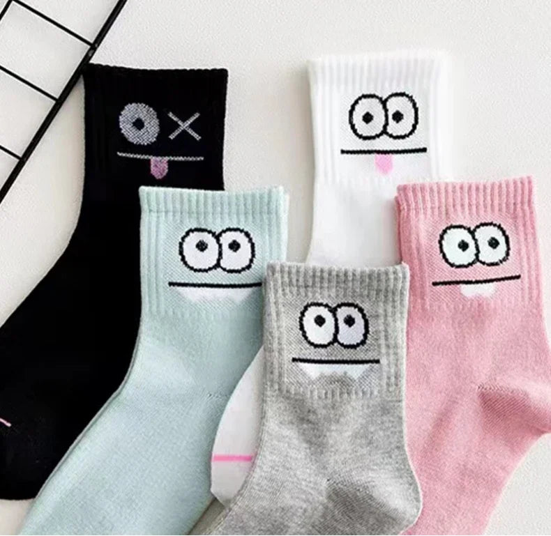 Women's funny expression print crew socks worn on feet