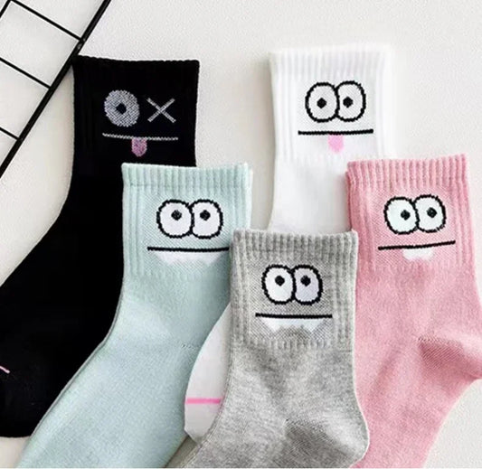 Women's funny expression print crew socks worn on feet
