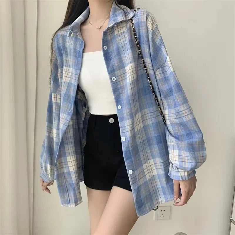Vintage plaid shirt blue check close up front
