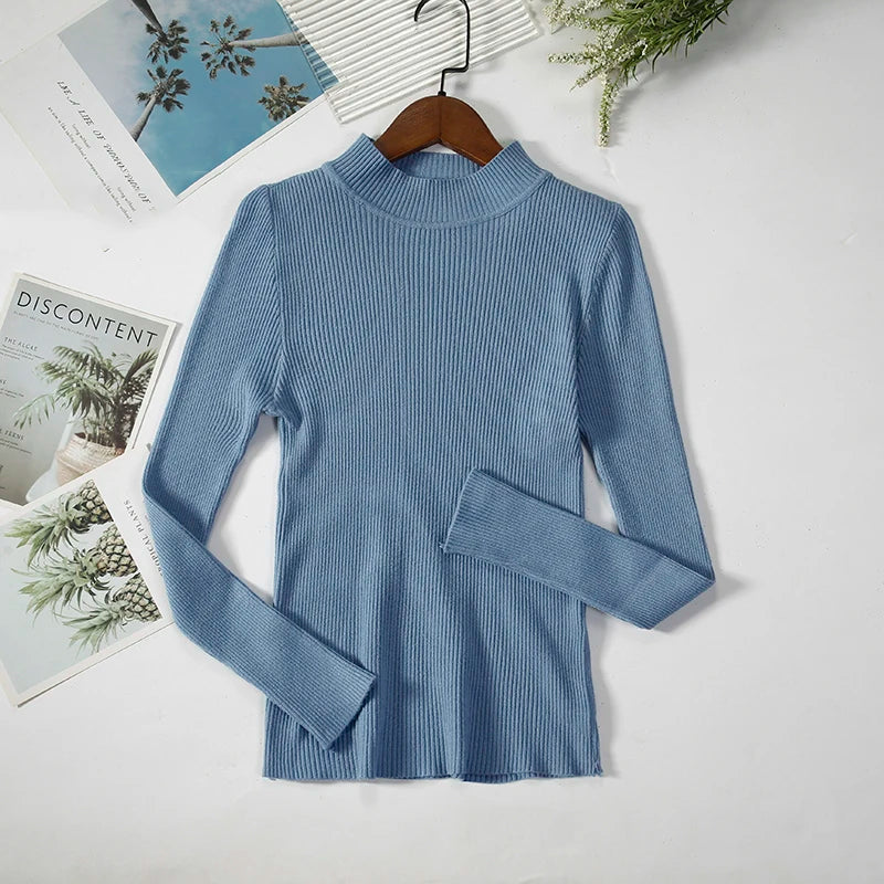 Soft turtleneck sweater front view blue