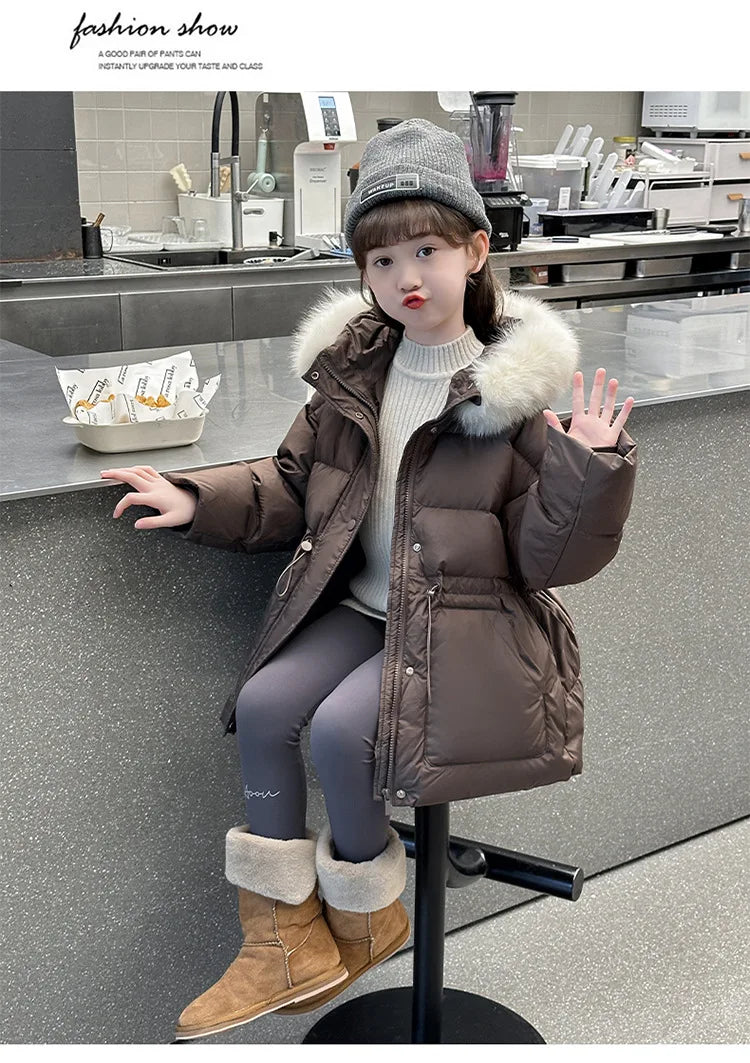 Girls fur-hood winter parka worn by child