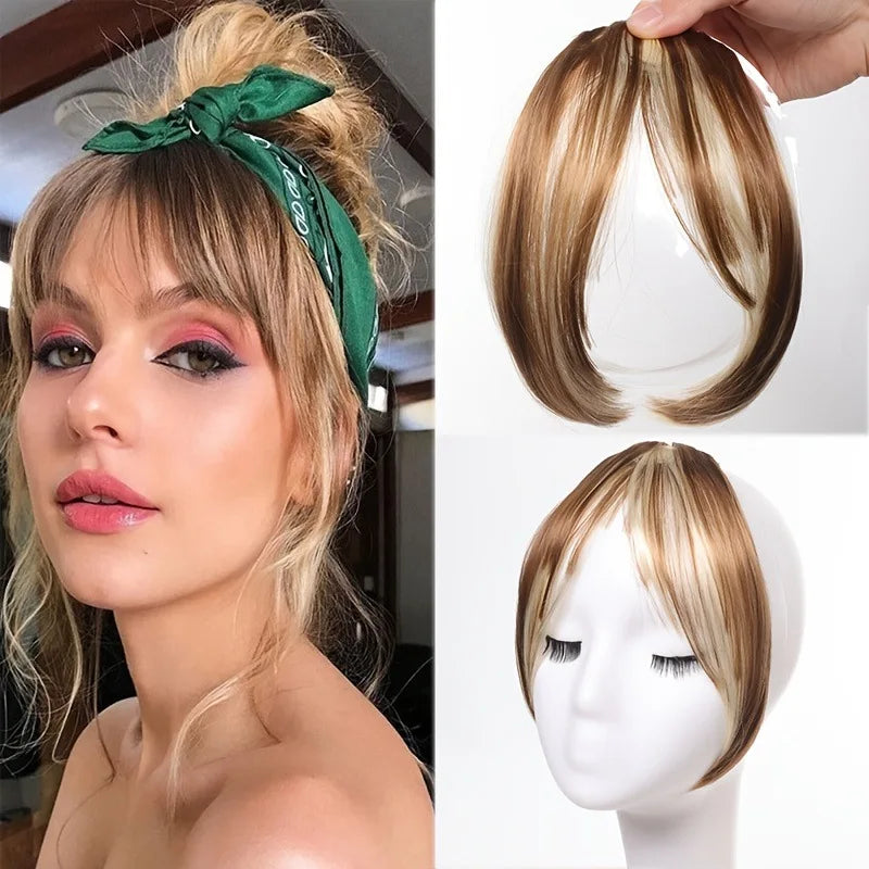 Clip-in bangs hair extension worn on model