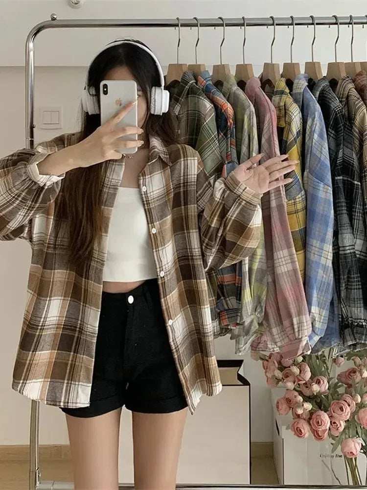 Vintage plaid shirt brown check worn full body