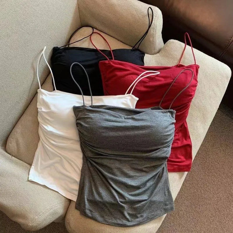 Halter tank top with built-in bra red worn close up