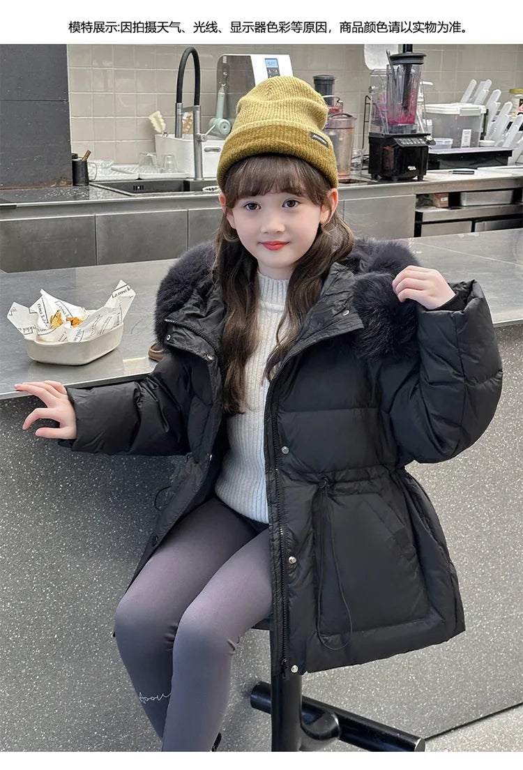 Girls fur-hood winter parka worn by child