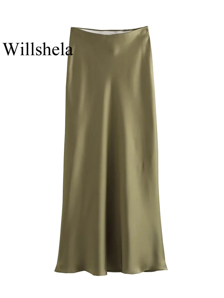 High waist satin midi skirt worn styled outfit