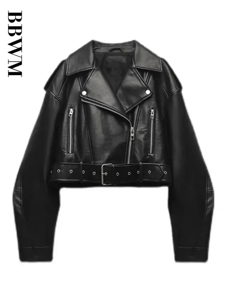 Faux Leather Moto Jacket | Belted Biker Coat