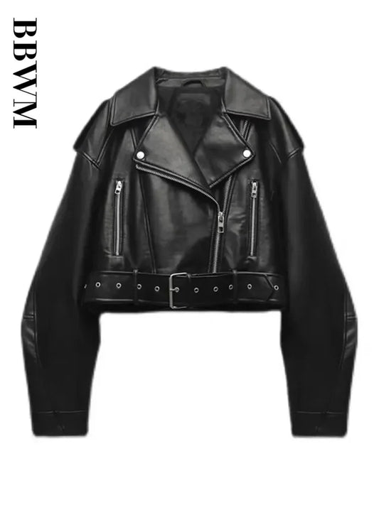 Faux Leather Moto Jacket | Belted Biker Coat
