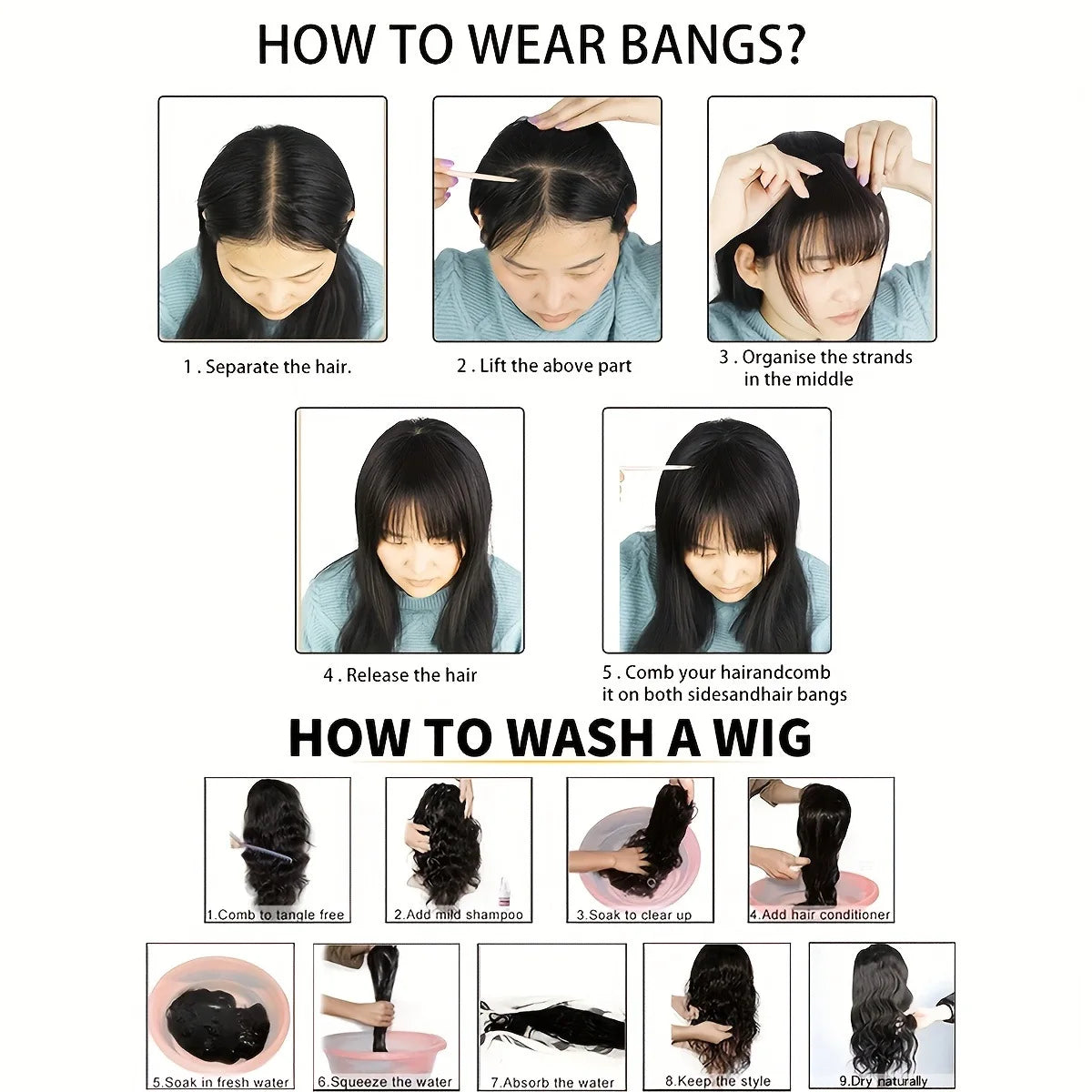 Clip-in bangs hair extension worn on model