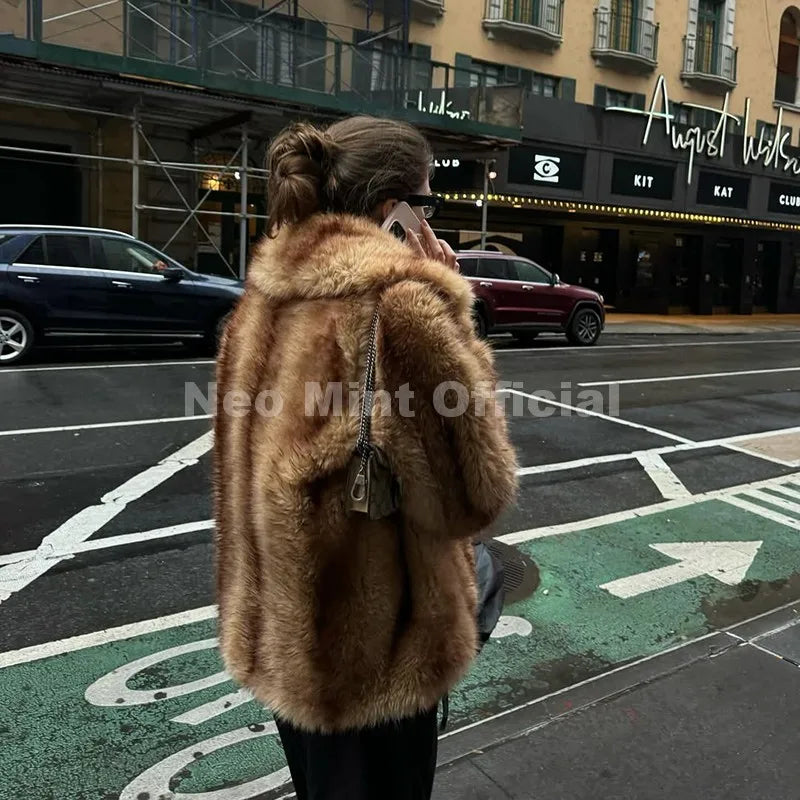 Women's faux fur striped oversized coat front view brown