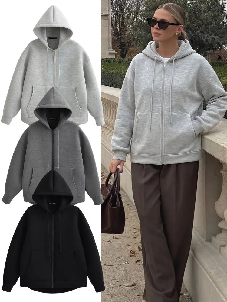 Women's zip-up hoodie jacket front view dark grey