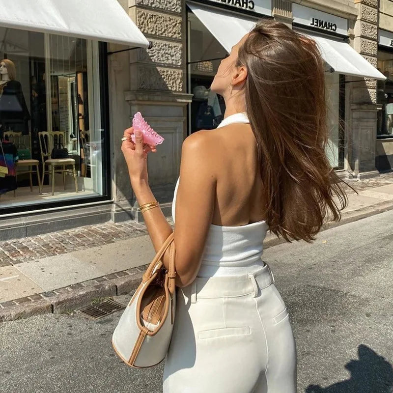 Ribbed halter crop top white worn close up back