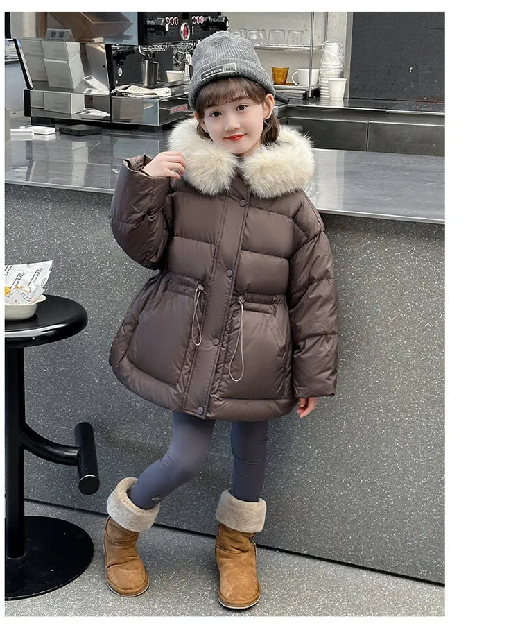 Girls fur-hood winter parka worn by child