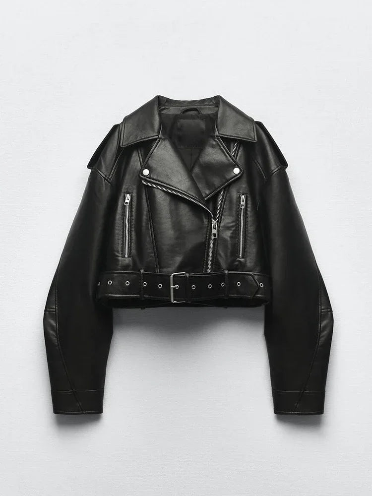 Faux Leather Moto Jacket | Belted Biker Coat