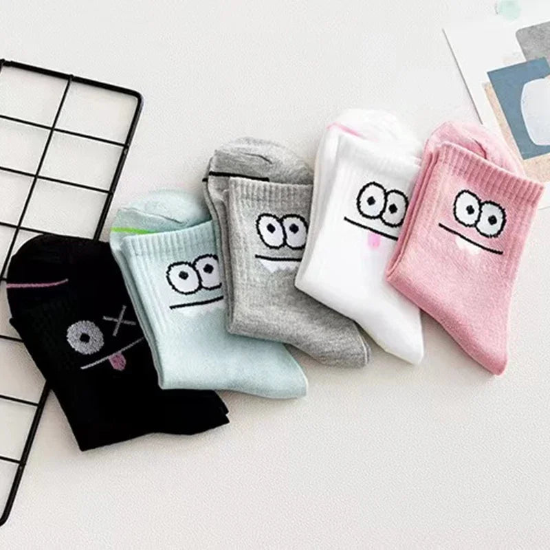 Women's funny expression print crew socks worn on feet
