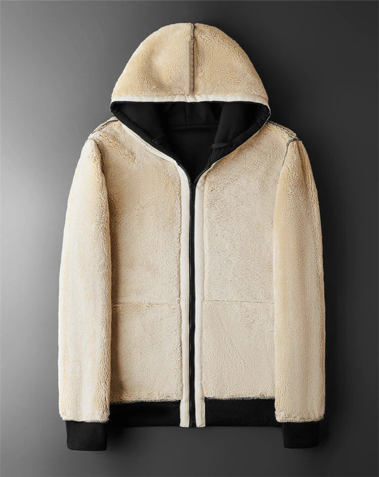 Hooded lambswool coat front view dark grey