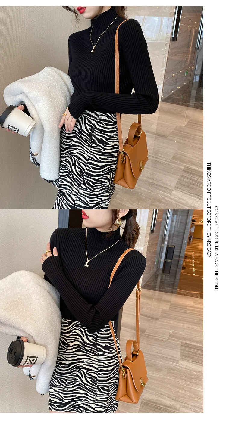 Slim turtleneck sweater khaki full body indoor
