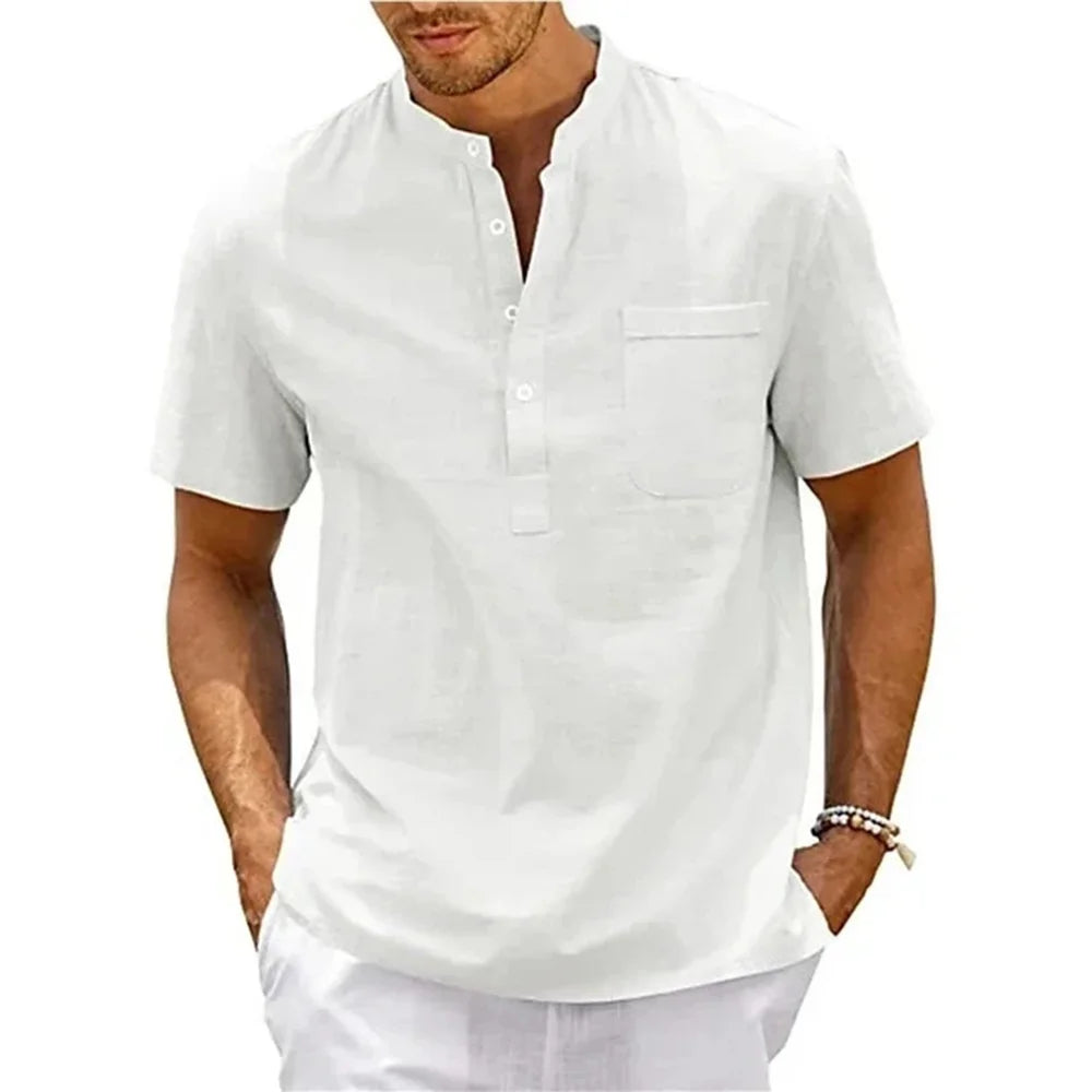 Men's linen henley beach shirt front view white