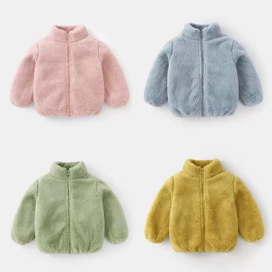 Kids plush winter coat lining texture closeup