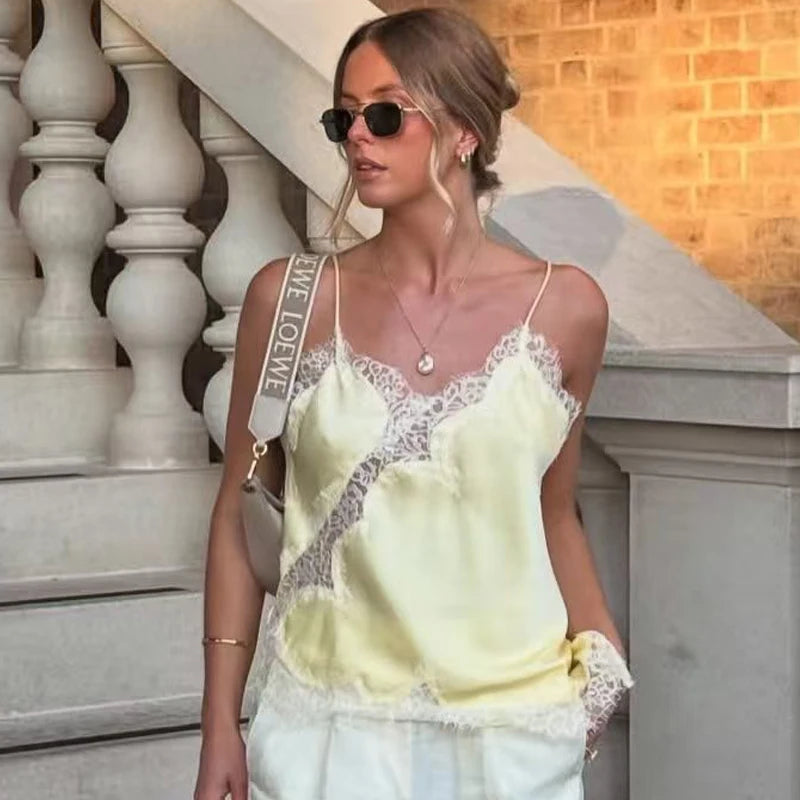 Asymmetrical backless camisole front view khaki yellow