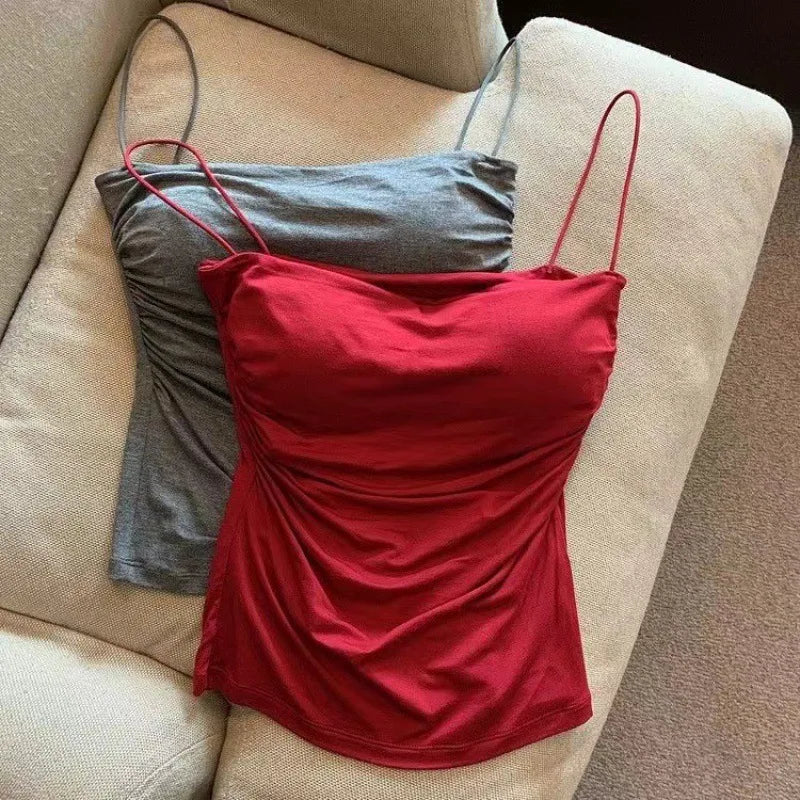 Halter tank top with built-in bra red close up folded