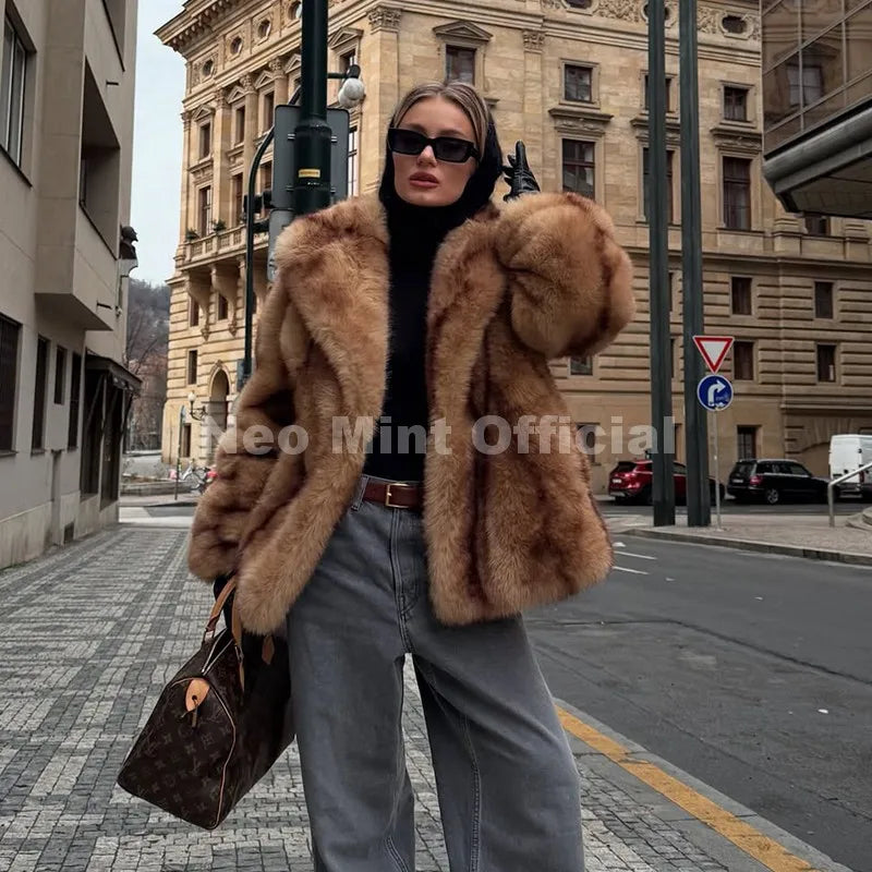 Women's faux fur striped oversized coat front view brown