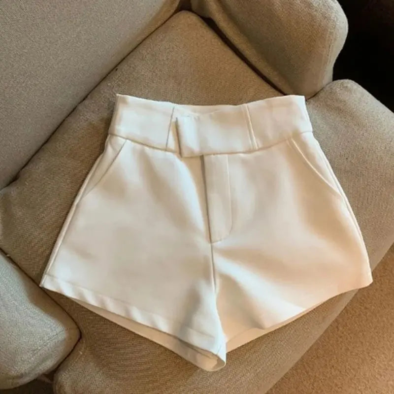 High waisted casual shorts white flat lay top view