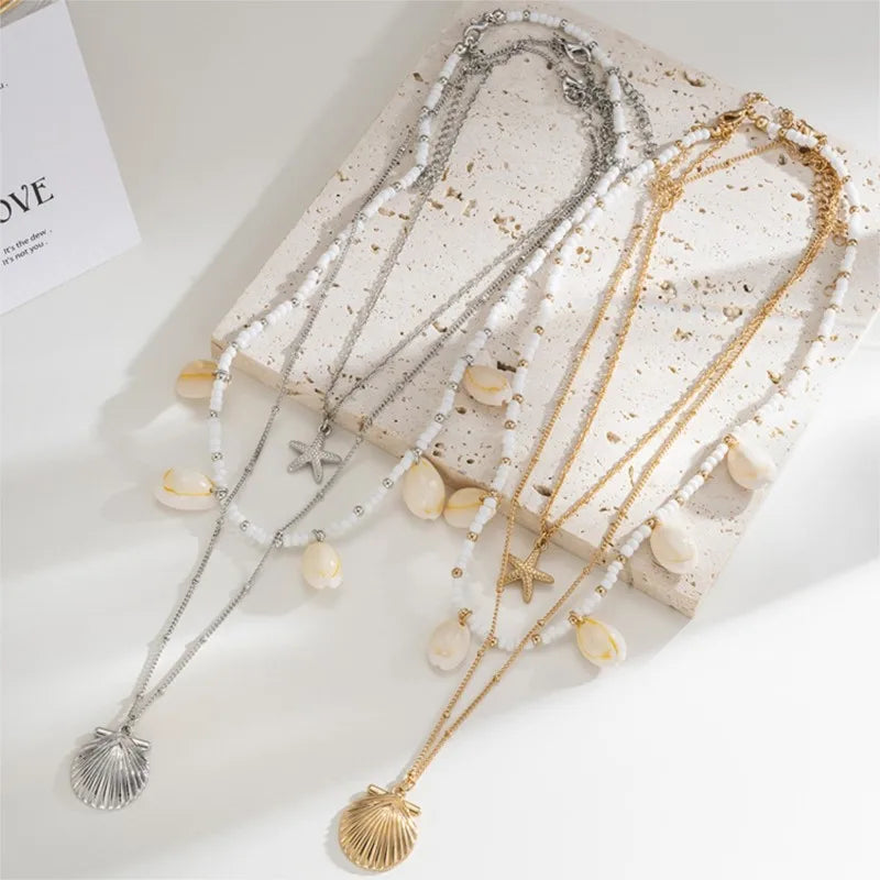 Pearl shell starfish necklace pendant close-up