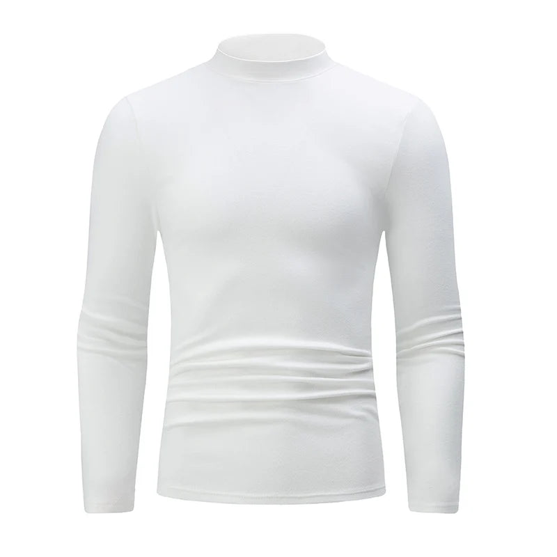 Men's semi-turtleneck long sleeve top worn under jacket