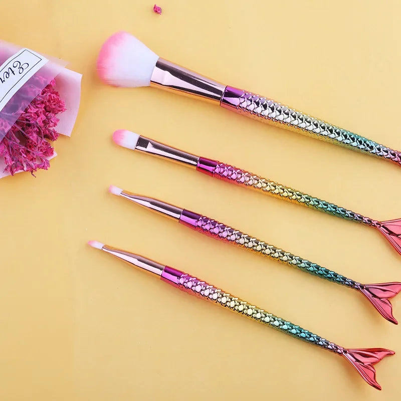 Mermaid ombre makeup brush set full 4-piece view