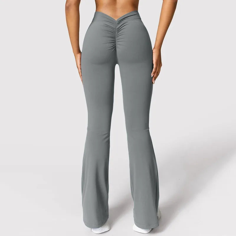 V-back waist leggings gray front view flare