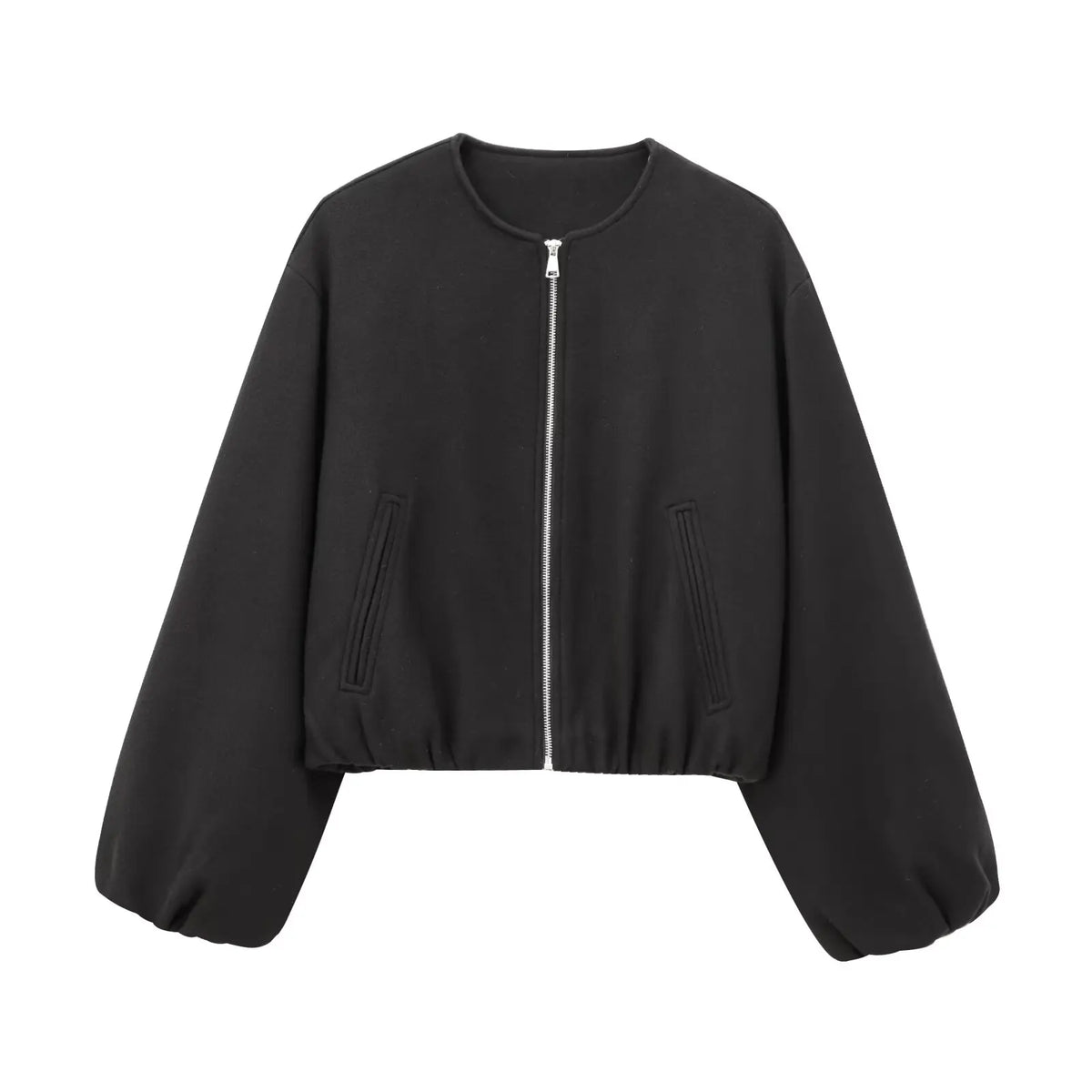 Cropped zip bomber jacket worn styled black