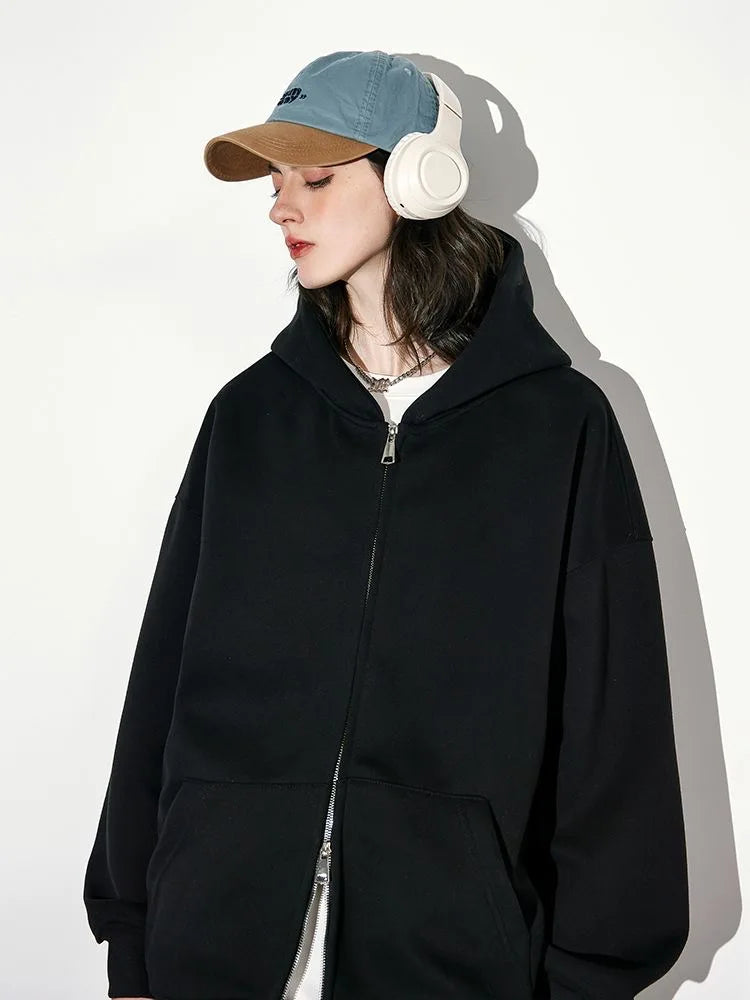 Double zip hooded jacket worn styled outfit black