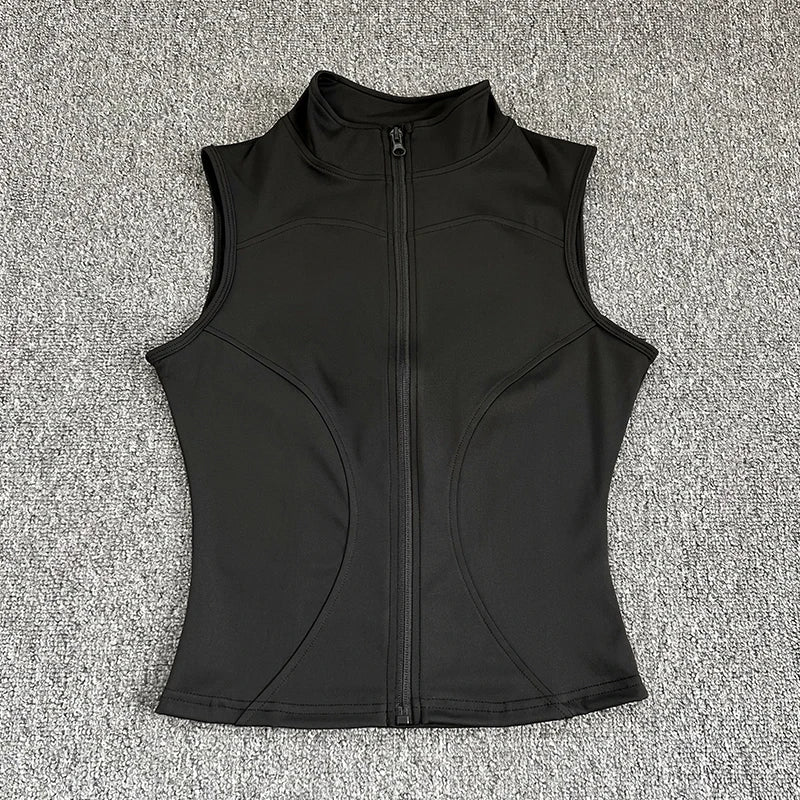 Women's zip-up yoga fitness tank top front view black