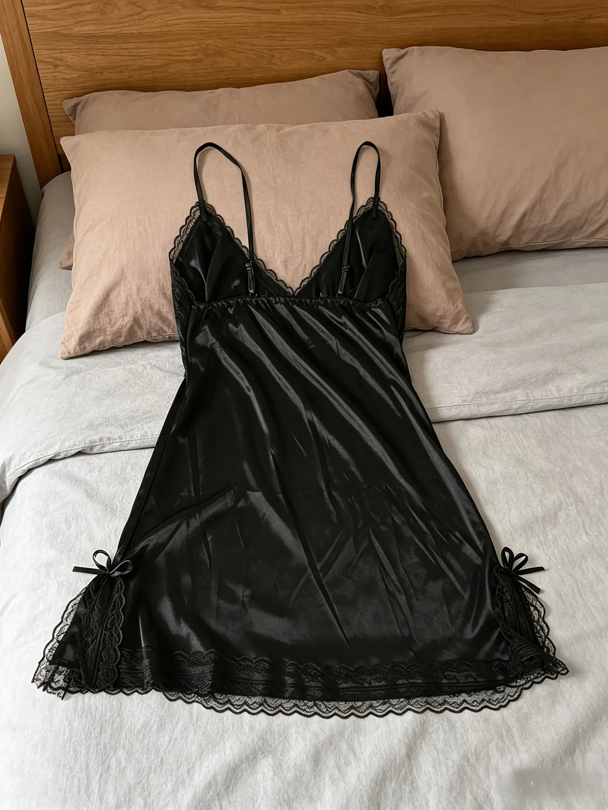 Women's satin slip nightgown worn model