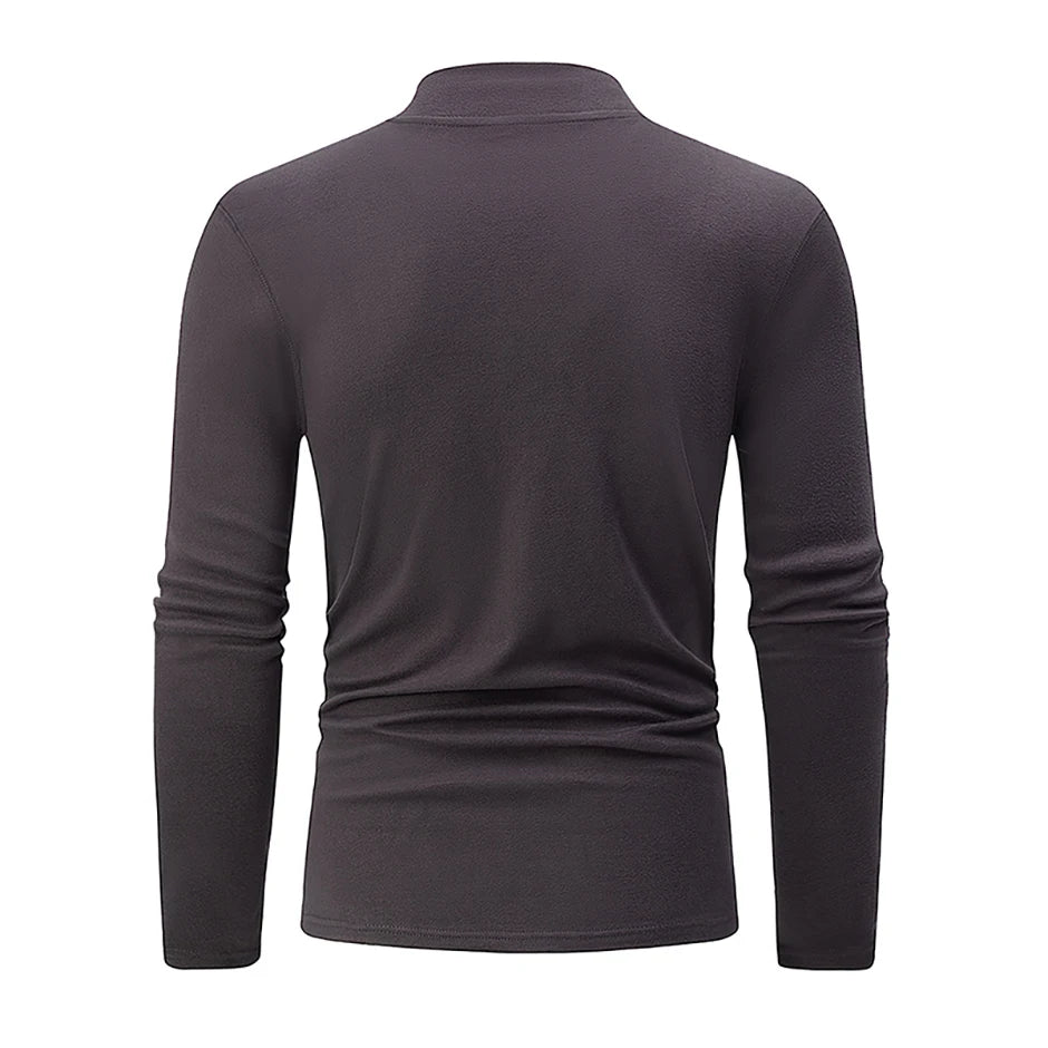 Men's semi-turtleneck long sleeve top worn under jacket
