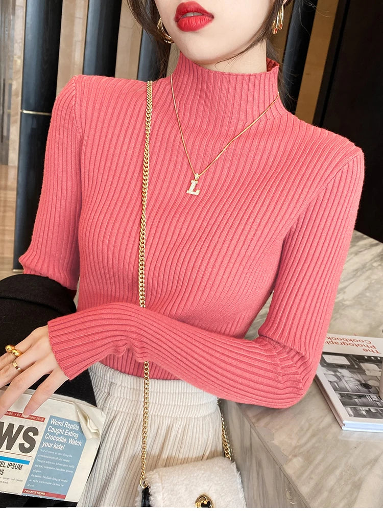 Slim turtleneck sweater pink worn close up