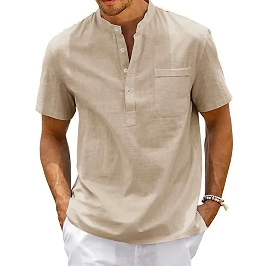 Men's linen henley beach shirt front view carton colour
