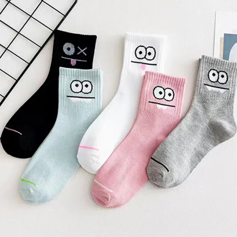 Women's funny expression print crew socks worn on feet